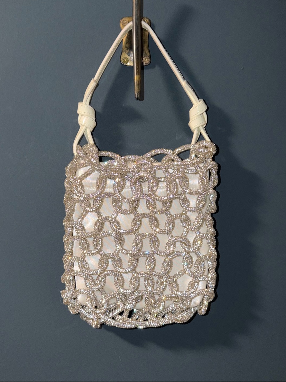 STAUD Tini leather-trimmed crystal-embellished cord and satin mini bag